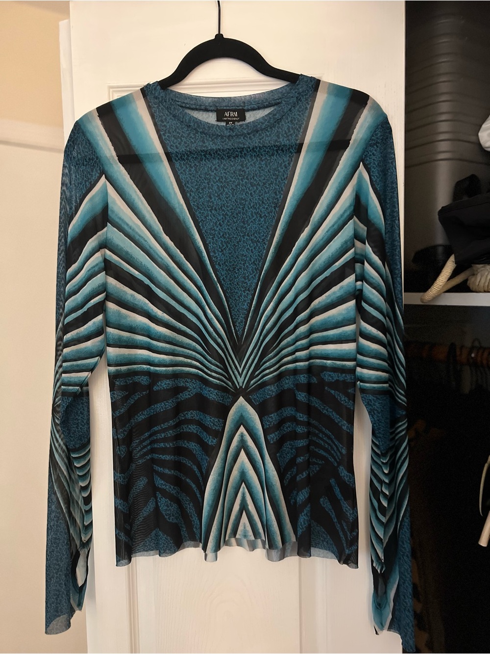AFRM Teal Geometric Long-Sleeve Sheer Top